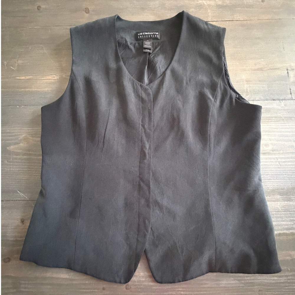 VTG Liz Claiborne Collection Black 100% Silk Hidden Button Vest Womens 16 V-Neck